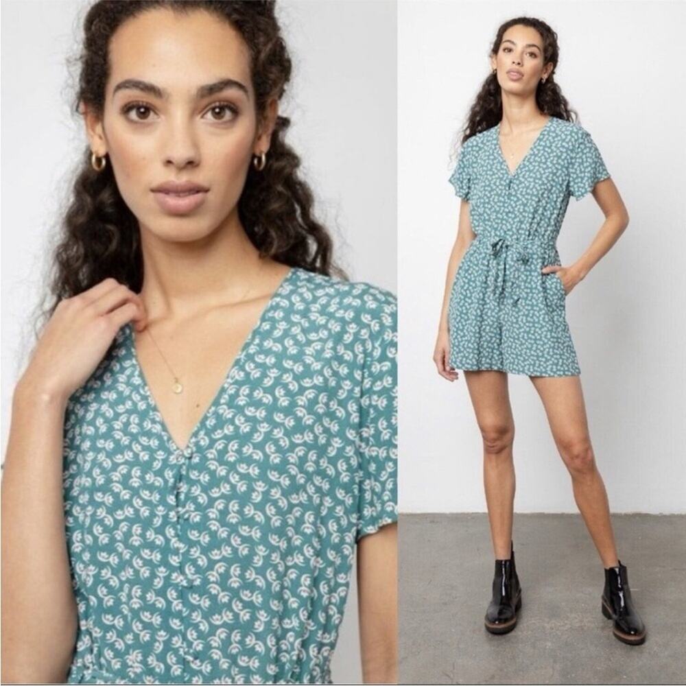 Rails Sophia Lotus teal‎ green white floral button romper size Small